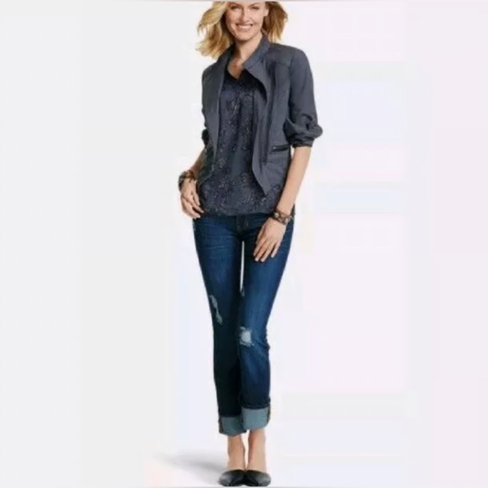 Cabi twilight asymmetrical zip moto jacket med gray blue stretch cotton comfort